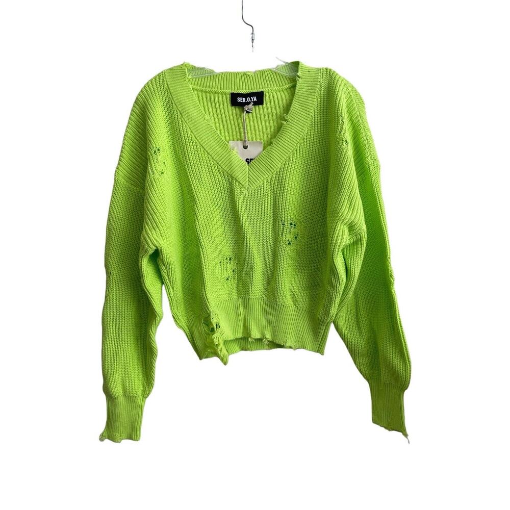 NWT SER.O.YA Syd Sweater Women Size Medium Neon Green Distressed Grunge V-neck